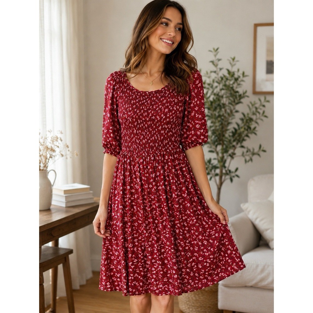 California Bay Co. Red Floral Smocked Cottagecore Midi Dress Size large